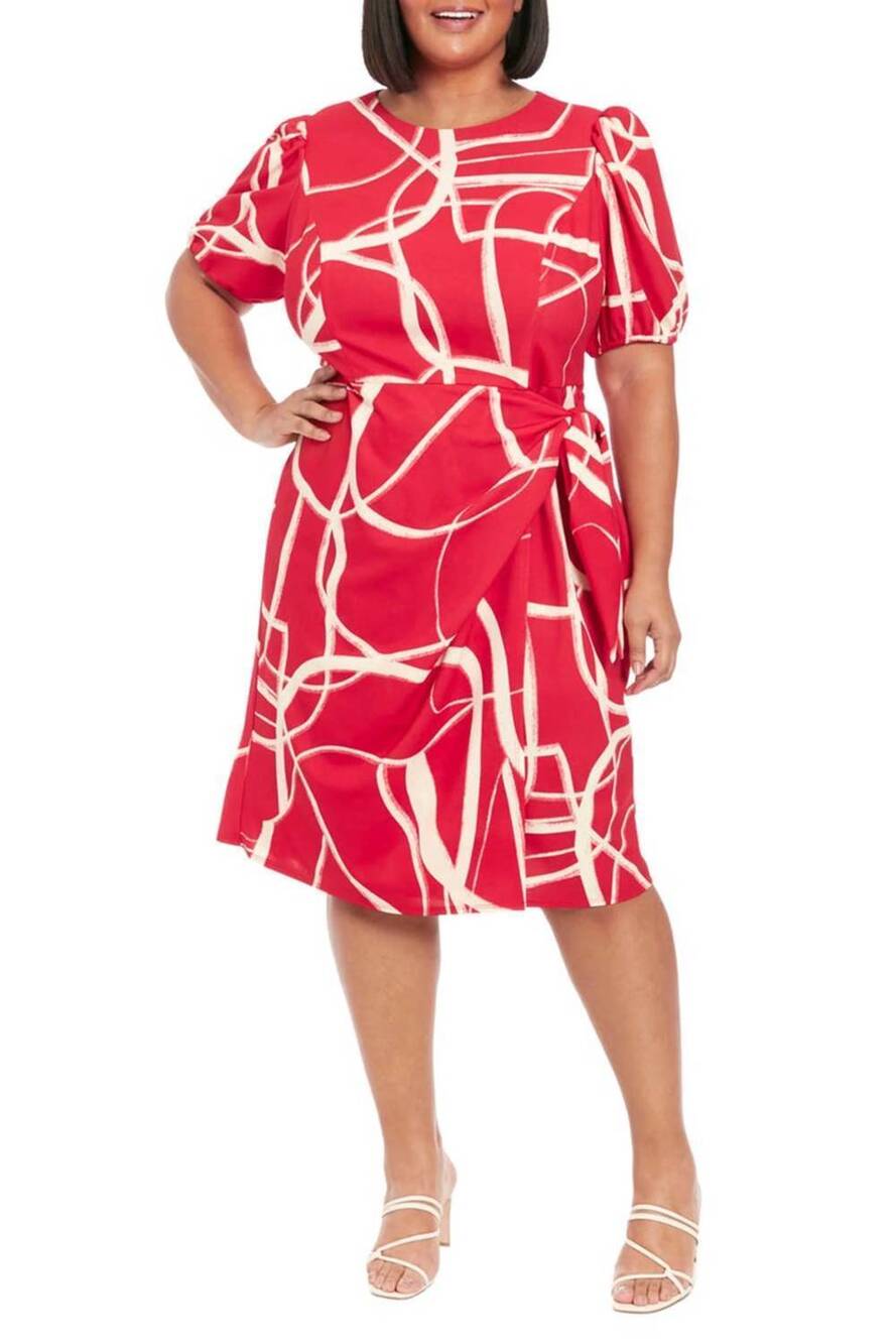 NEW LONDON TIMES short sleeve side tie dress - petite in red cream